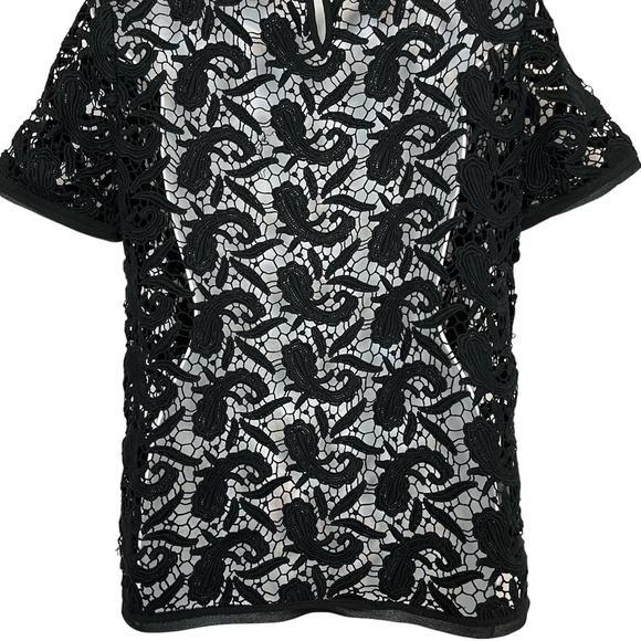 Ann Taylor LOFT Black Paisley Crochet Short Sleeve Sheer Top Blouse Shirt sz M - Picture 14 of 16